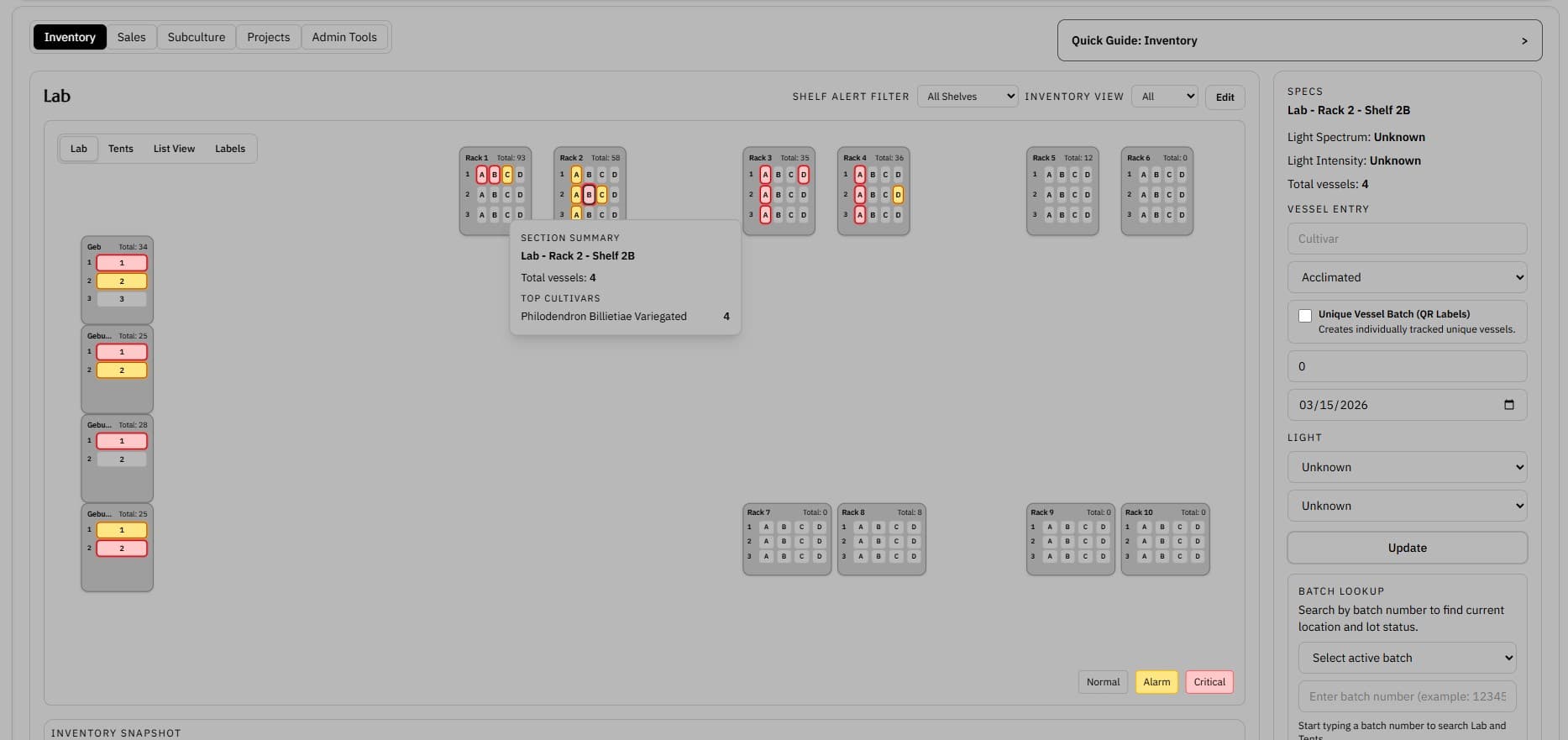 Lab layout screenshot showing rack and section placement across the inventory workspace